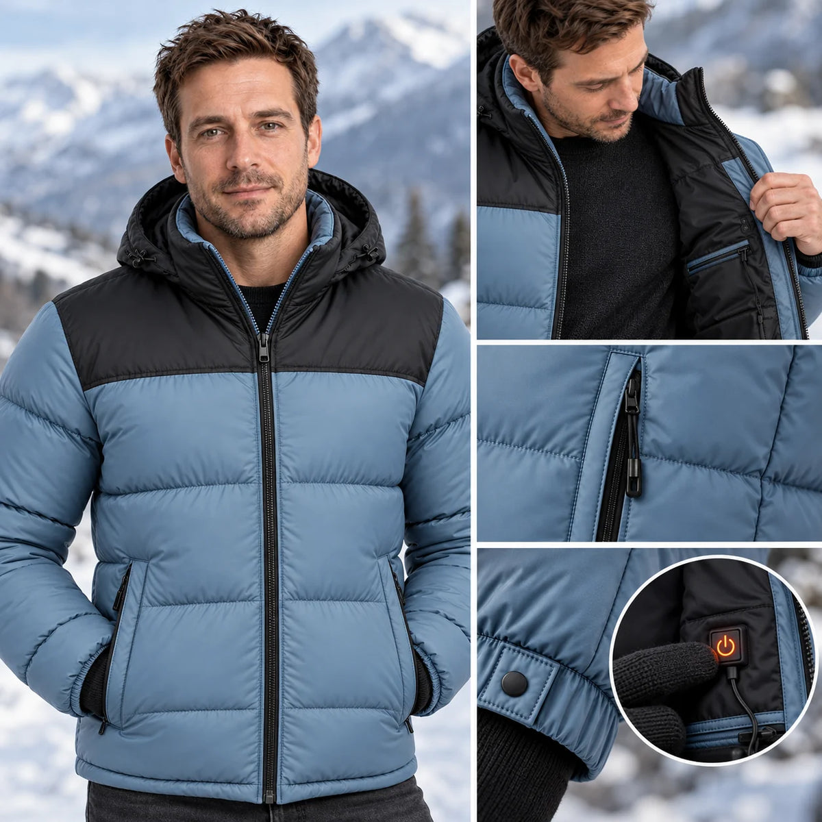 Piumino trapuntato riscaldato unisex PyreFit Gletor, dettaglio del pulsante di comando
