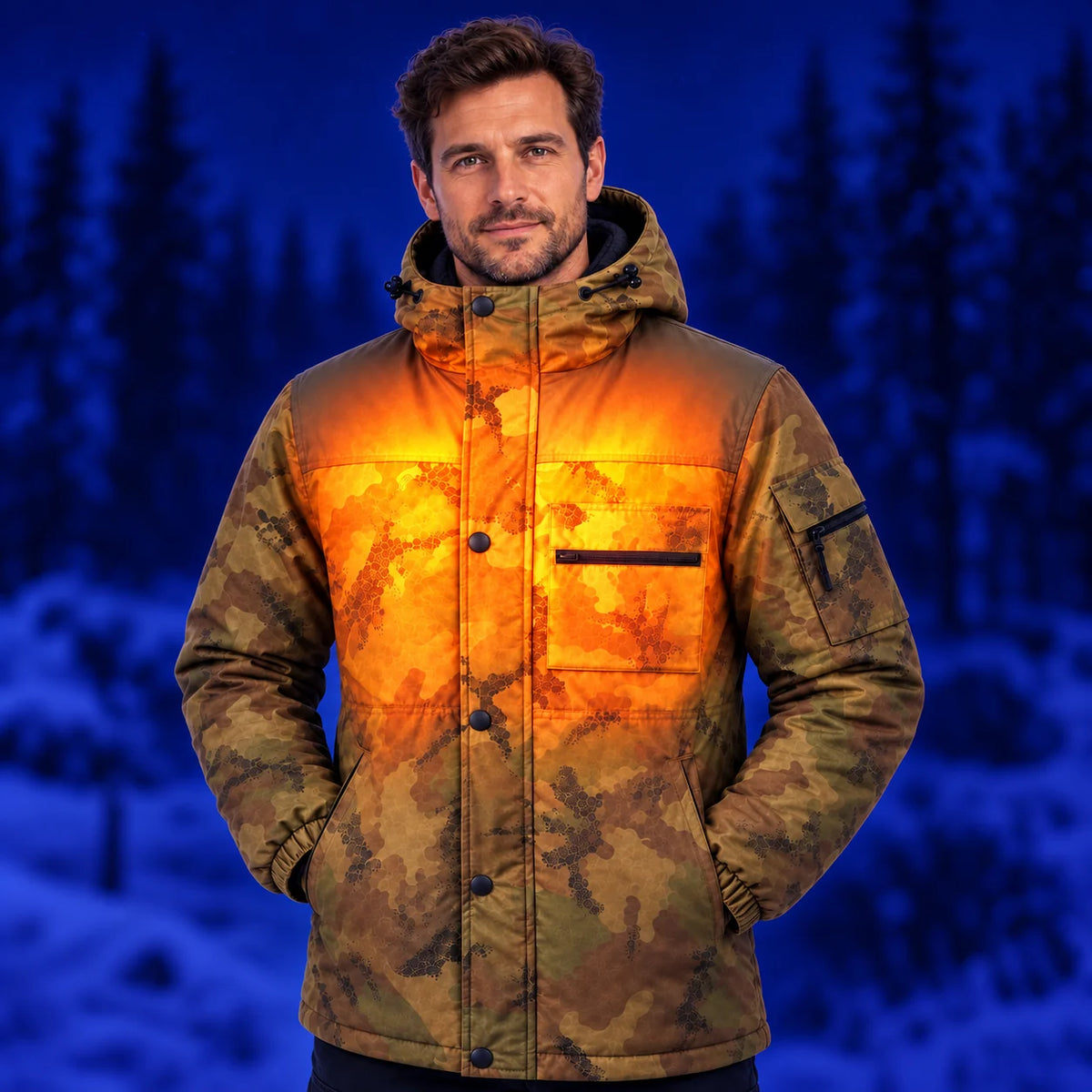 Cappotto riscaldato mimetico da uomo PyreFit Mistro – calore sul busto
