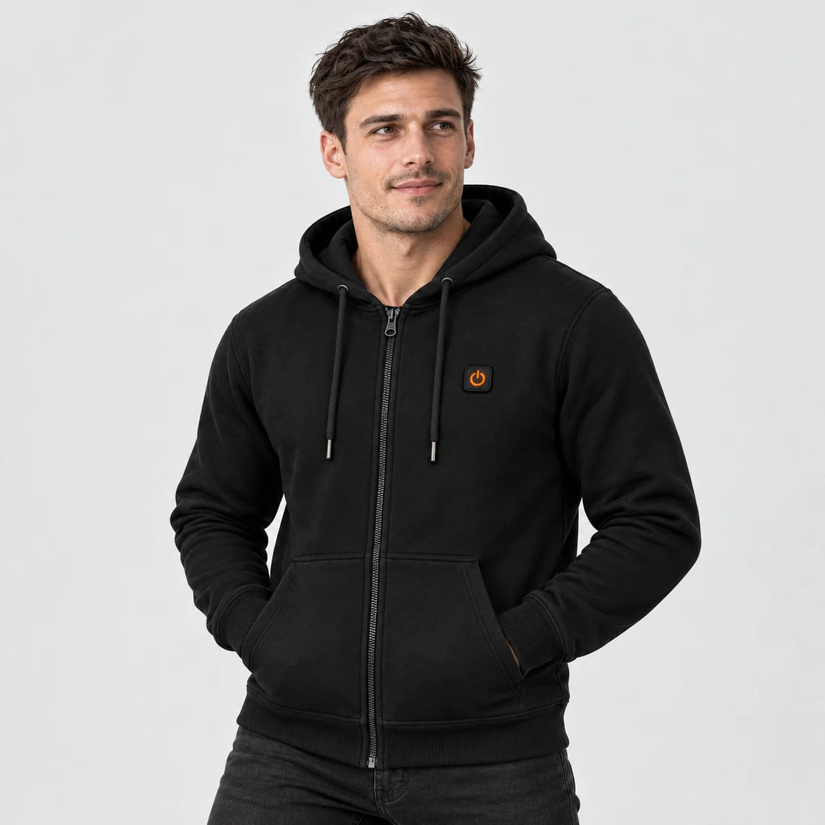 Felpa riscaldata unisex con zip e cappuccio PyreFit Olivora, vista frontale sul modello