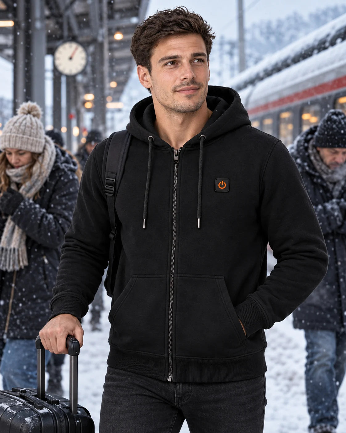 Felpa riscaldata unisex con zip e cappuccio PyreFit Olivora in inverno: in viaggio