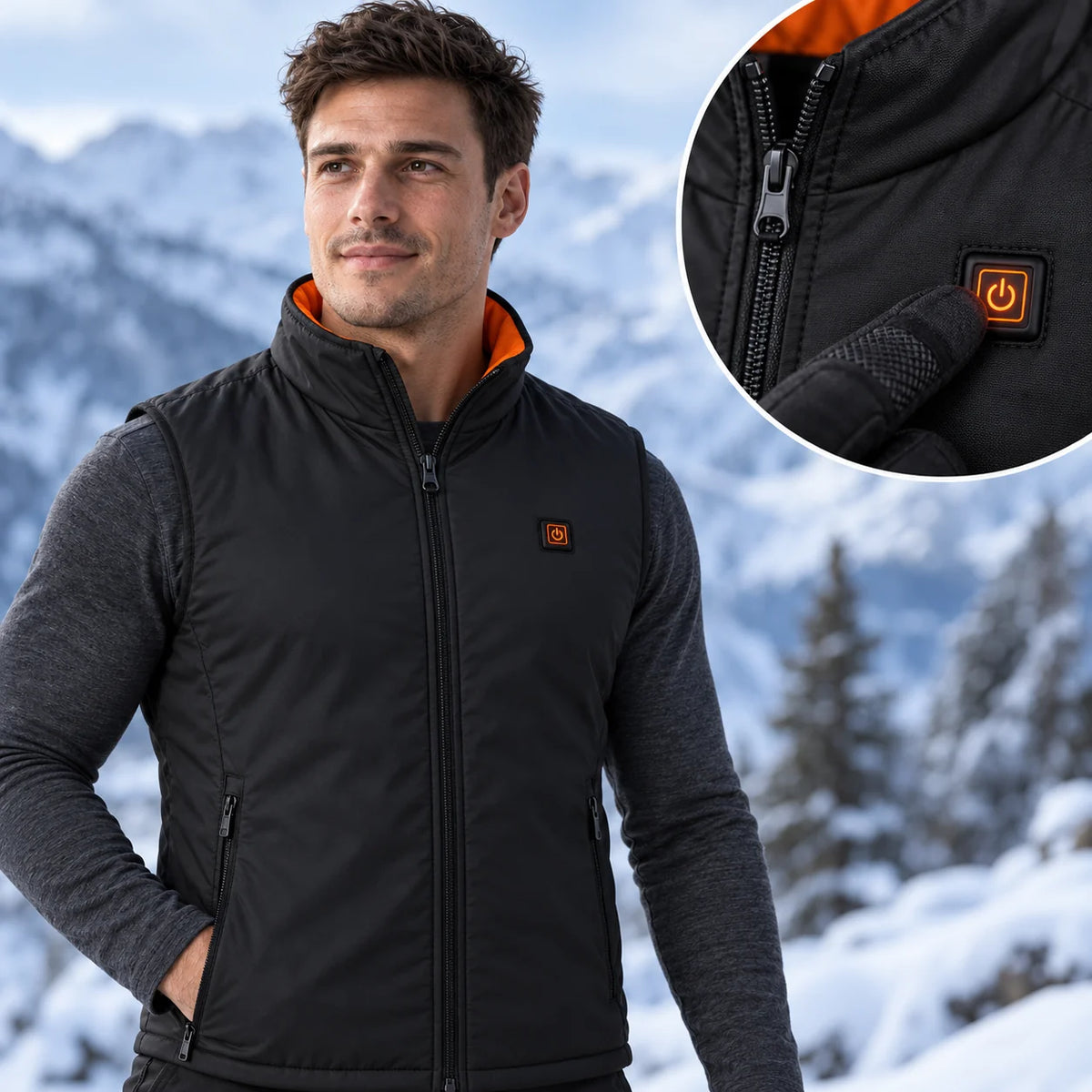 Gilet sportivo riscaldato da uomo PyreFit Ventaro, dettaglio del pulsante di controllo