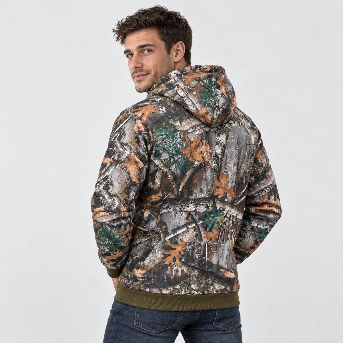Felpa riscaldata con cappuccio fantasia bosco PyreFit Zippo, vista posteriore