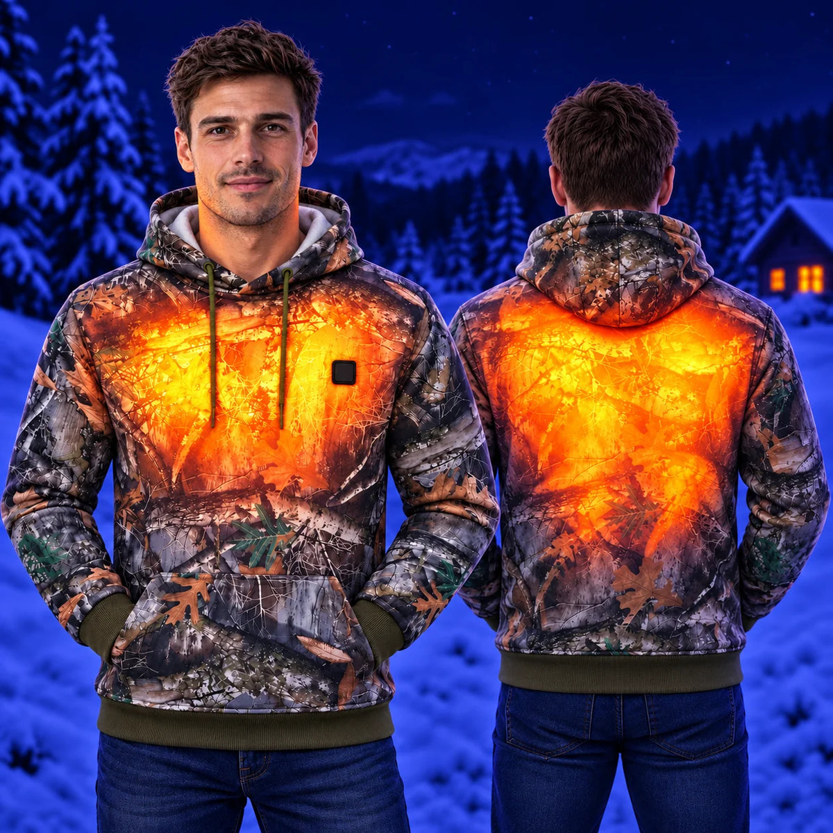 Felpa riscaldata con cappuccio fantasia bosco PyreFit Zippo – calore su petto e schiena