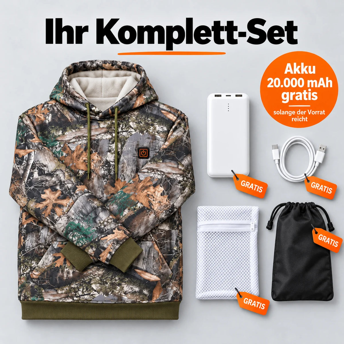 Set completo: Zippo, power bank da 20.000 mAh, cavo di ricarica, sacchetto per il bucato e borsa