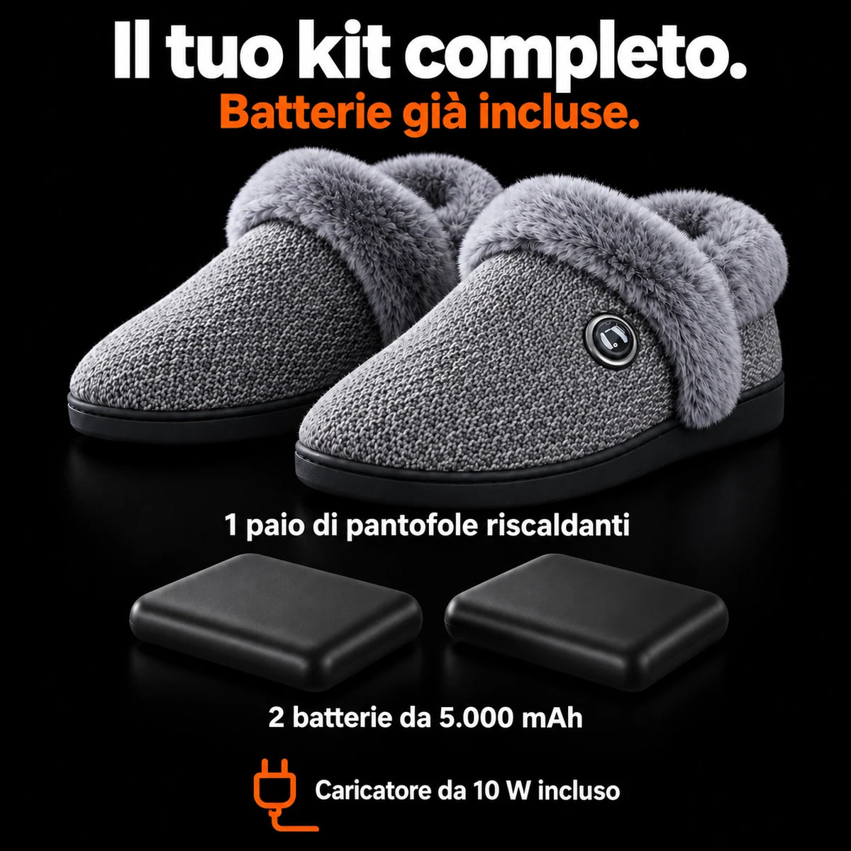 Contenuto della confezione delle pantofole riscaldate: un paio, due batterie e caricatore