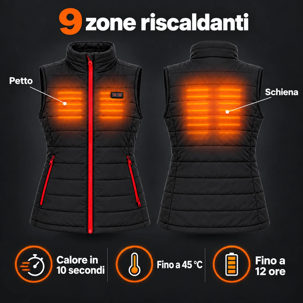 Gilet riscaldato da donna PyreFit Silvaia: 9 zone riscaldanti su petto e schiena