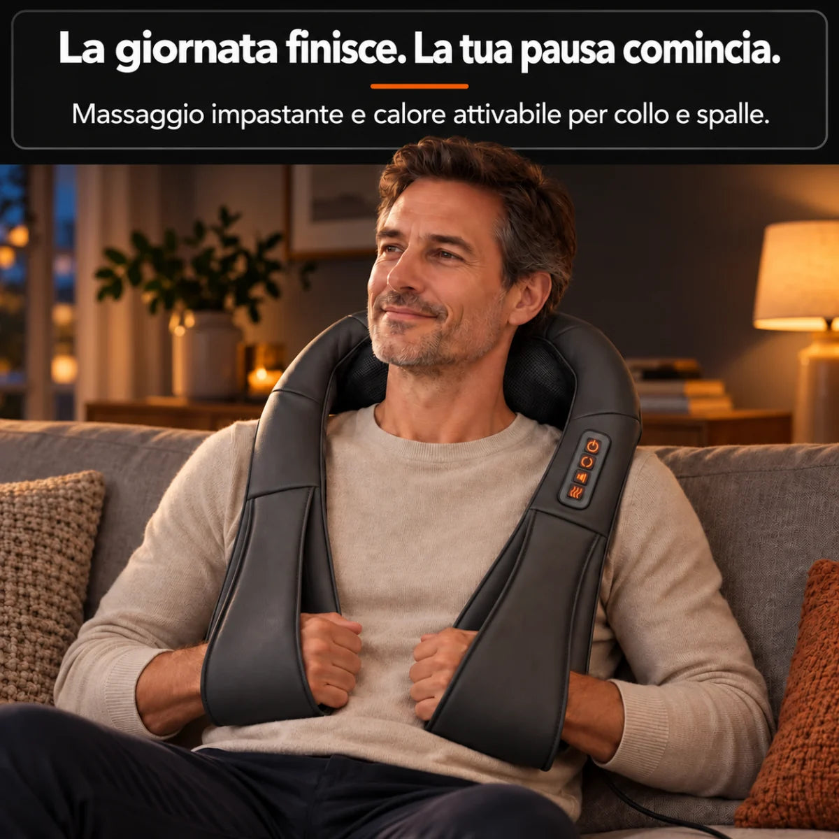 Massaggiatore shiatsu per il collo grigio: pausa massaggio sul divano dopo il lavoro