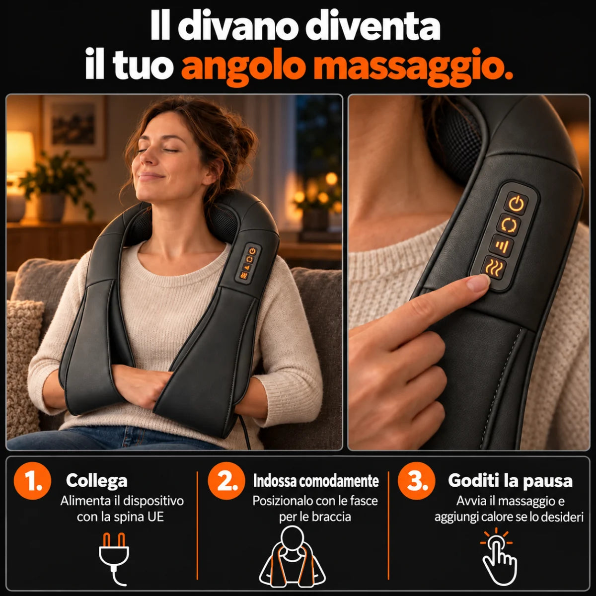 Massaggiatore shiatsu per il collo grigio: collega, indossa e scegli il massaggio con calore