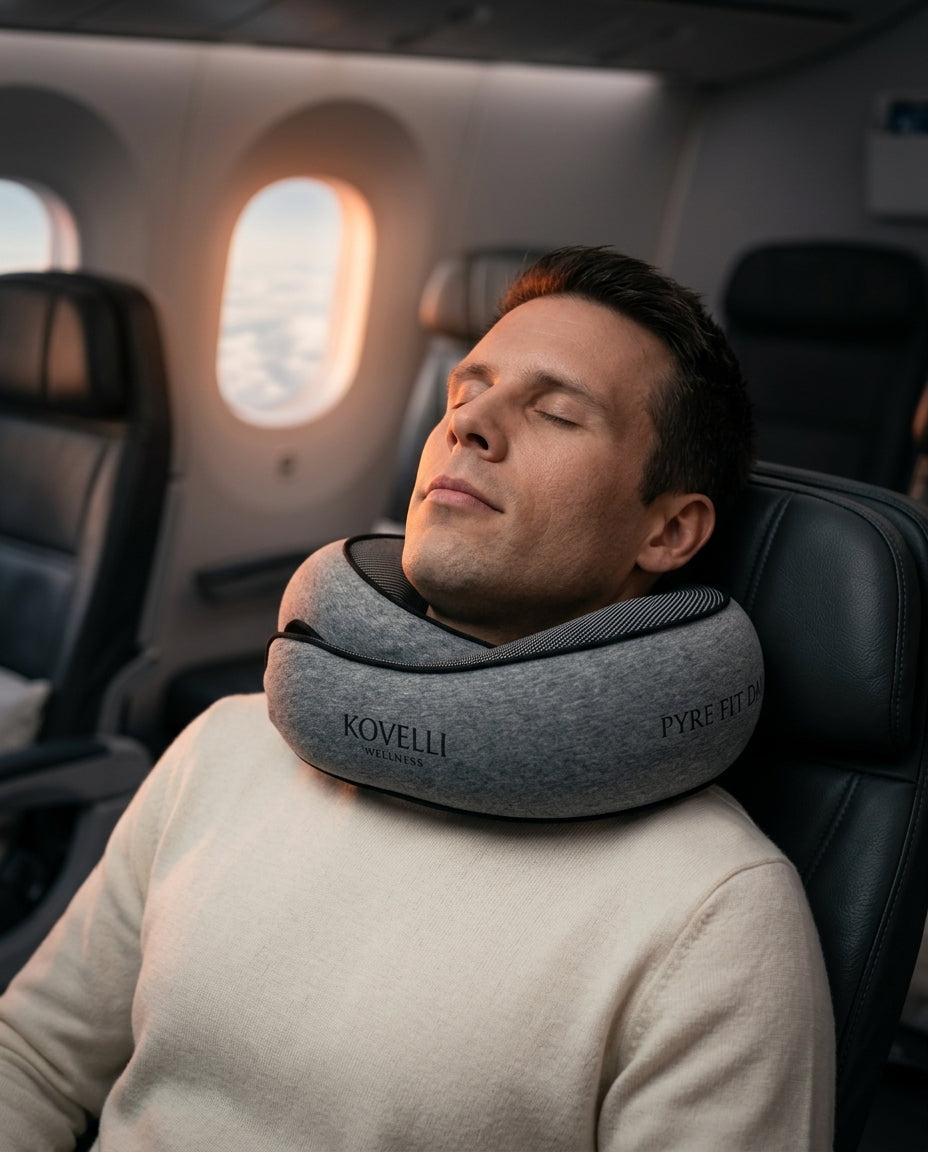 Man sleeping on an airplane wearing the grey U-shaped travel neck pillow