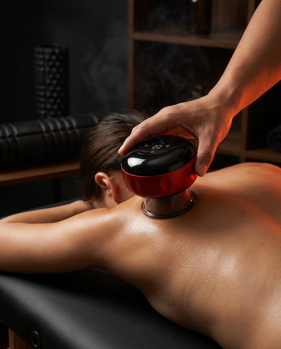 Therapist gliding a heated cupping massager across a woman's oiled back during recovery