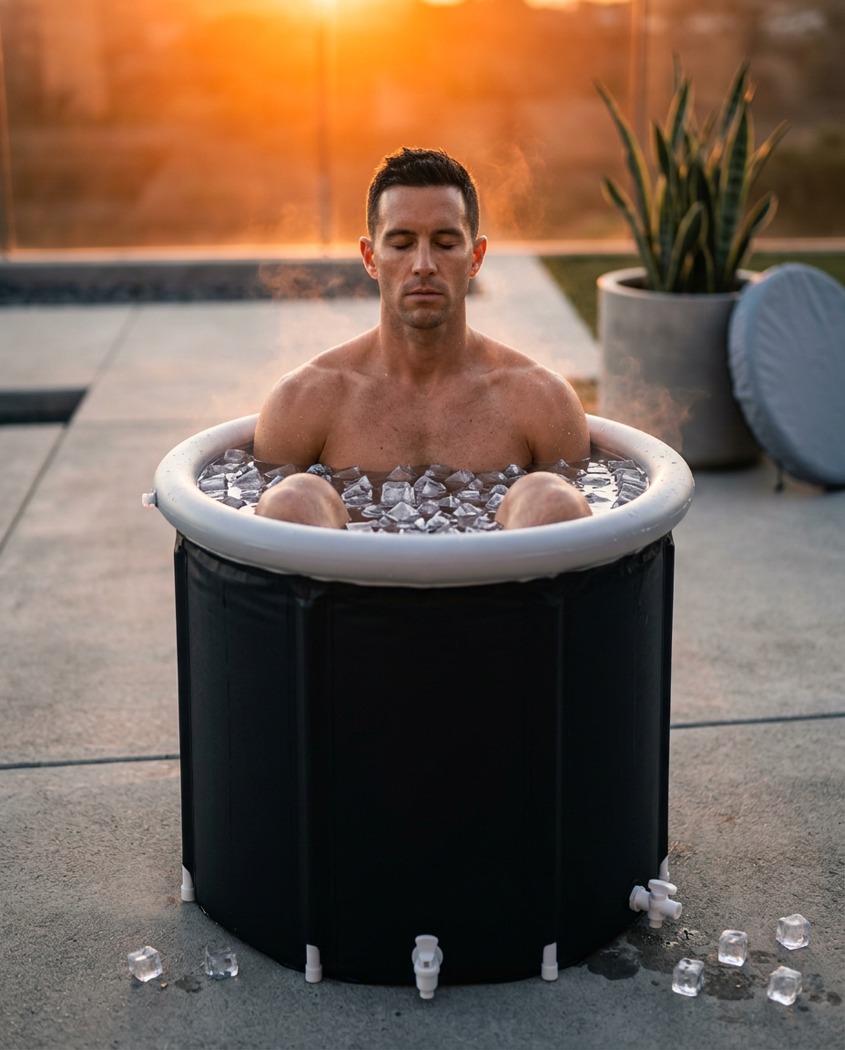 Man taking a cold plunge in a portable ice bath tub on a sunlit backyard patio at dusk