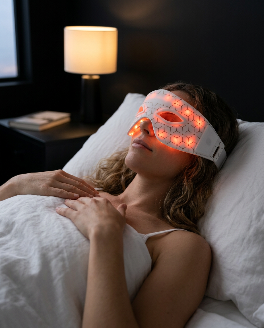 Woman relaxing in bed wearing a glowing red light LED eye mask