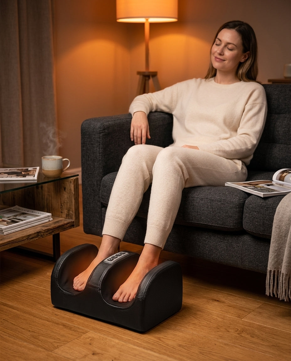 Woman relaxing on a couch with her feet resting in an electric foot massager in a living room