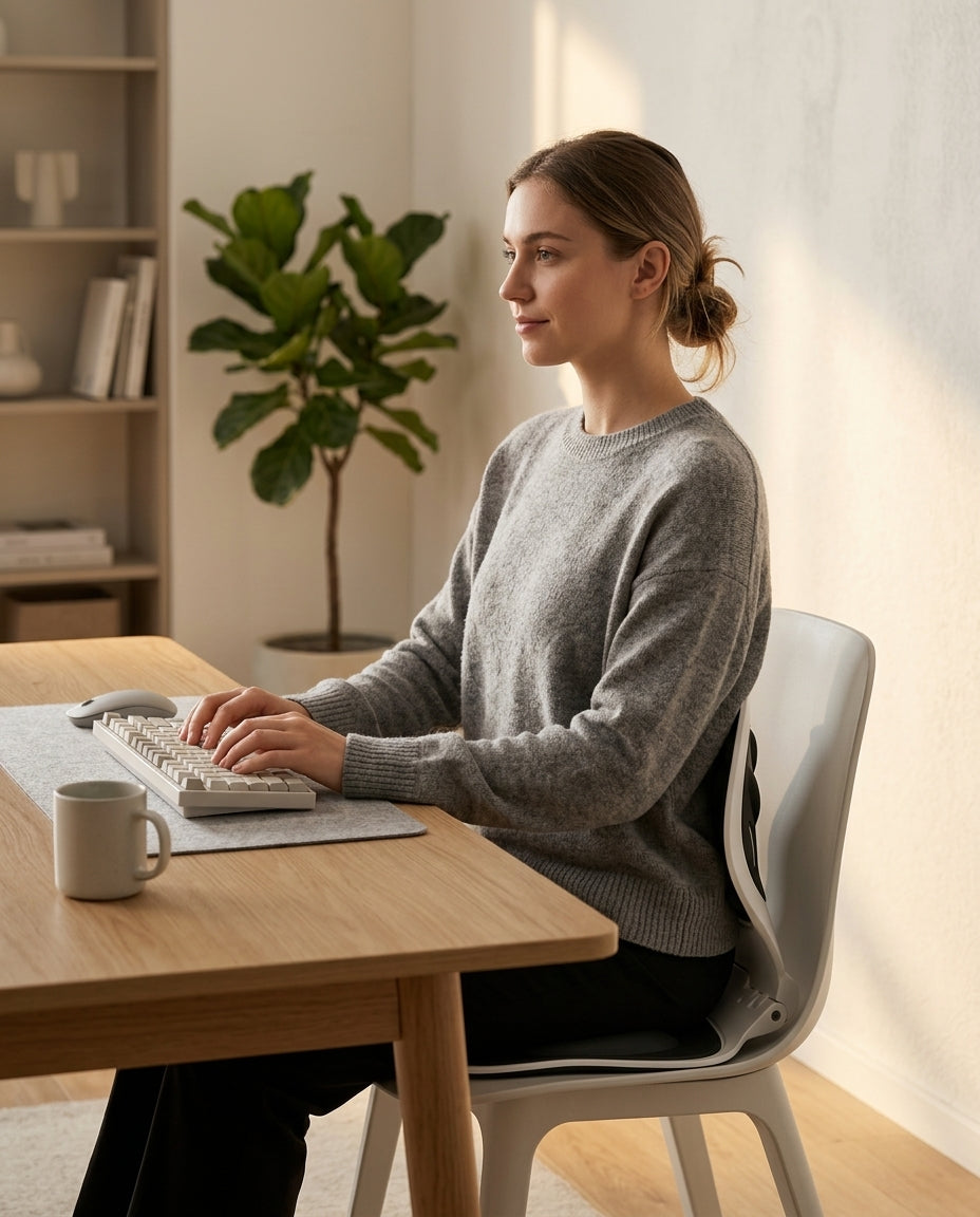 Woman typing at a desk seated upright on an ergonomic posture support cushion