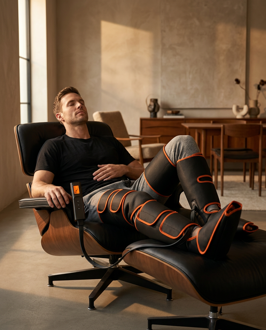 Man reclining in a lounge chair using air compression leg massagers to elevate and relax his legs