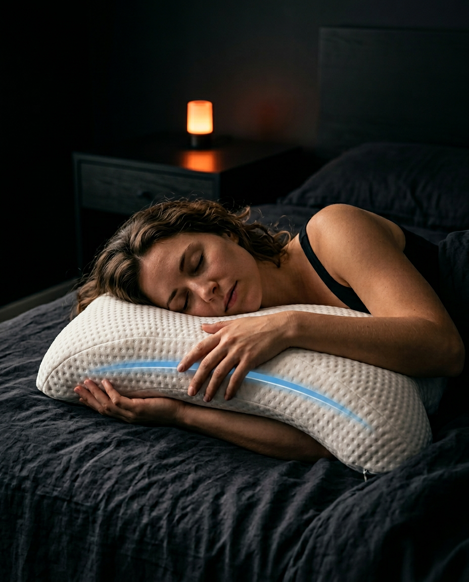 Woman sleeping on her side on a U-shaped pillow in a dim bedroom