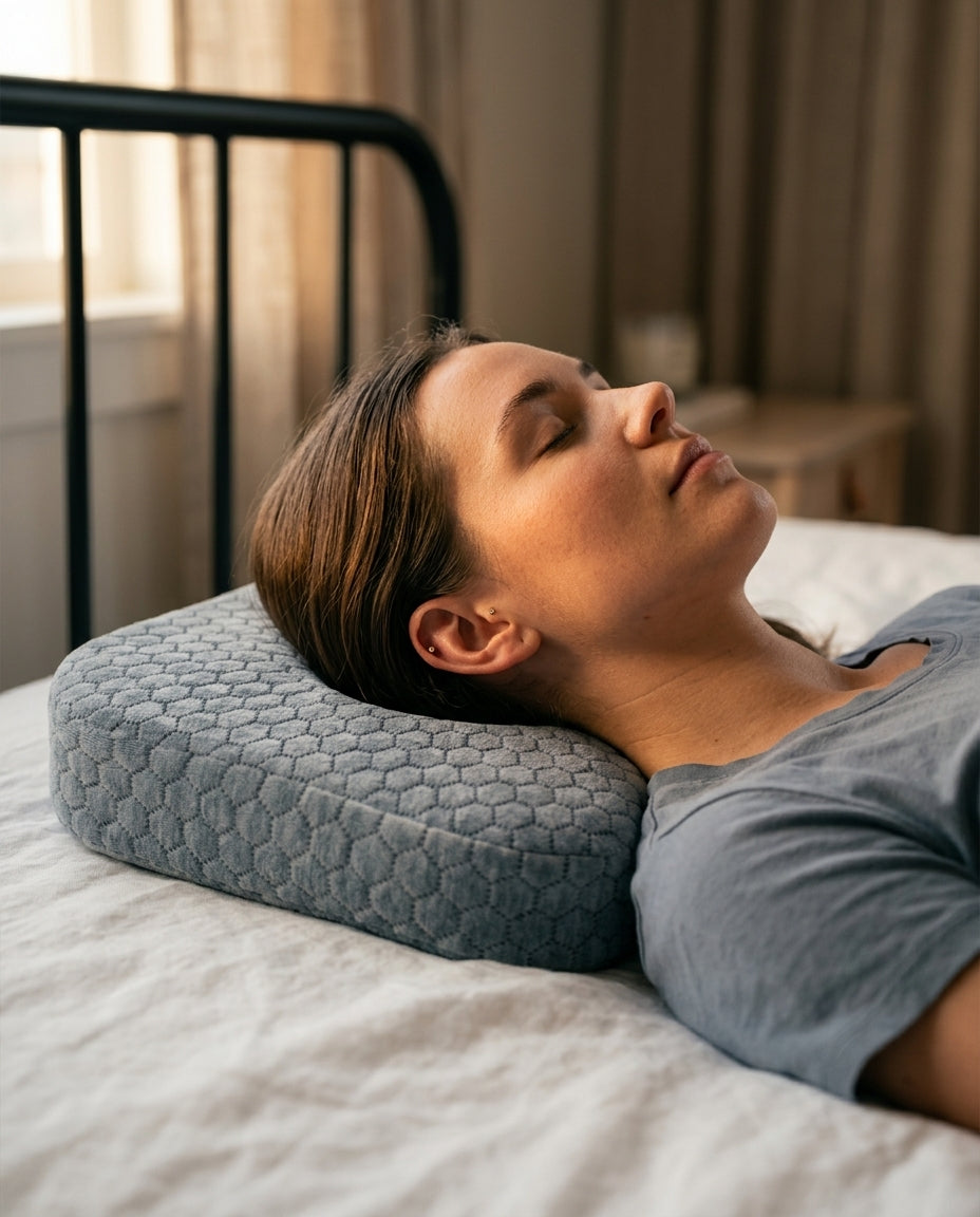 Woman resting her ear on the grey piercing pillow while sleeping in bed