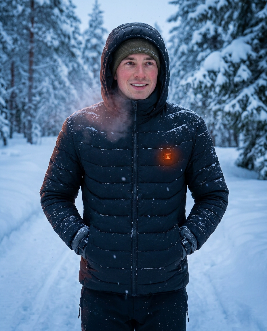 A person hiking through snow wearing a battery-powered heated jacket in cold weather