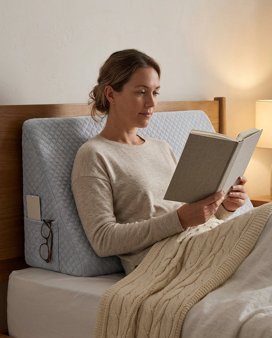 Woman reading in bed leaning back against a grey memory foam wedge support pillow