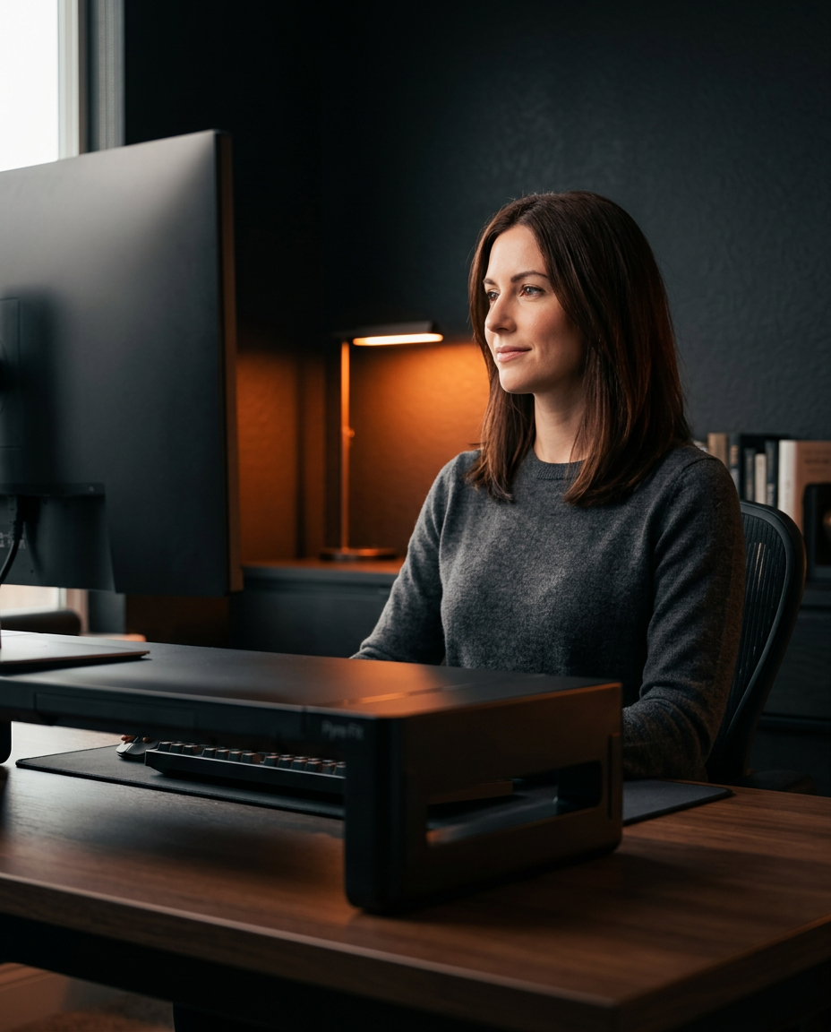 Person seated at a home-office desk working with a monitor raised to eye level on a stand