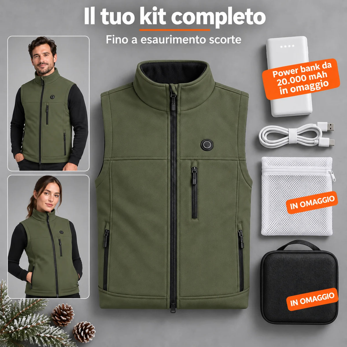 Set completo: Allora, power bank da 20.000 mAh, cavo di ricarica, sacchetto per il bucato e borsa