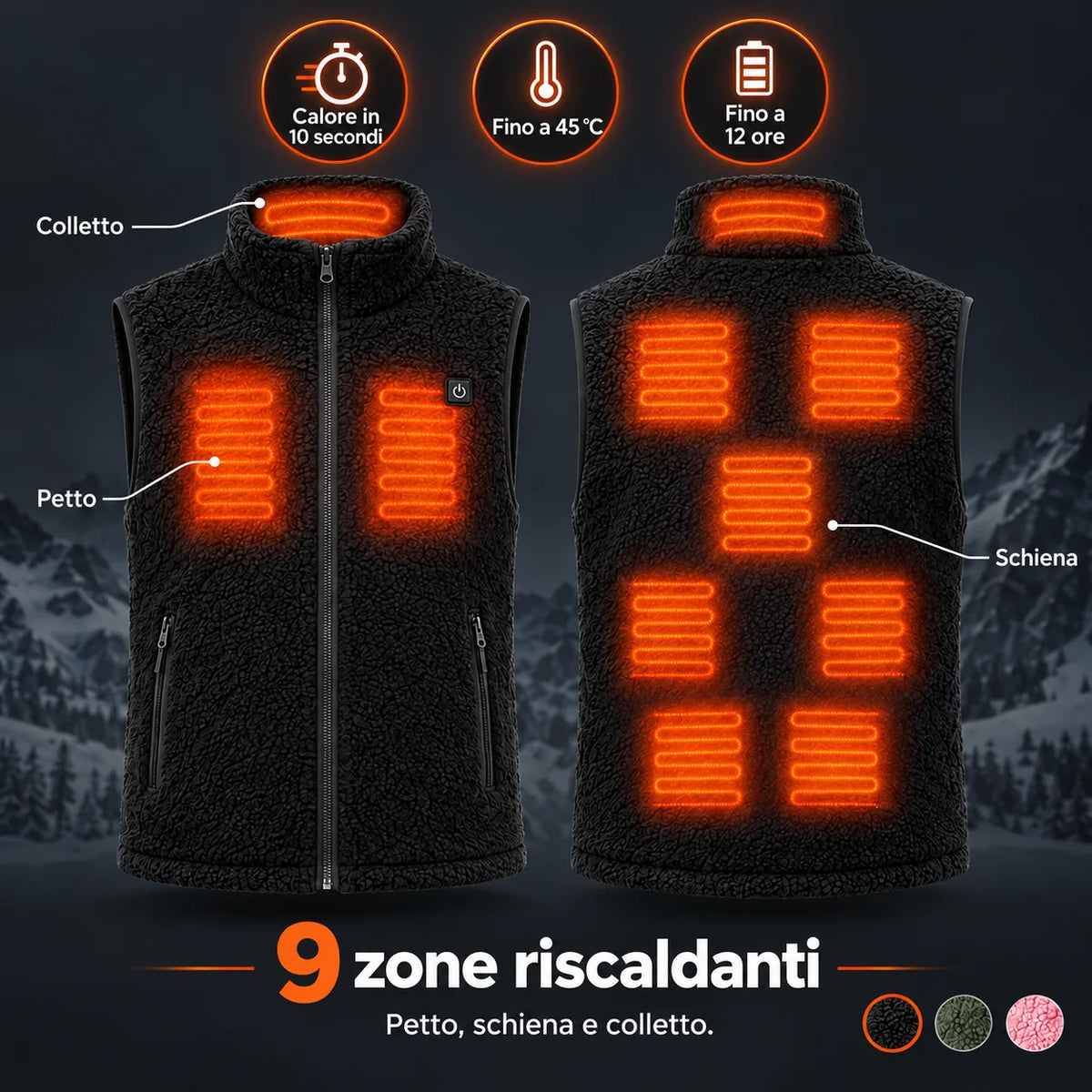 Gilet riscaldato in sherpa PyreFit Amparo: 9 zone riscaldanti su petto, schiena e colletto