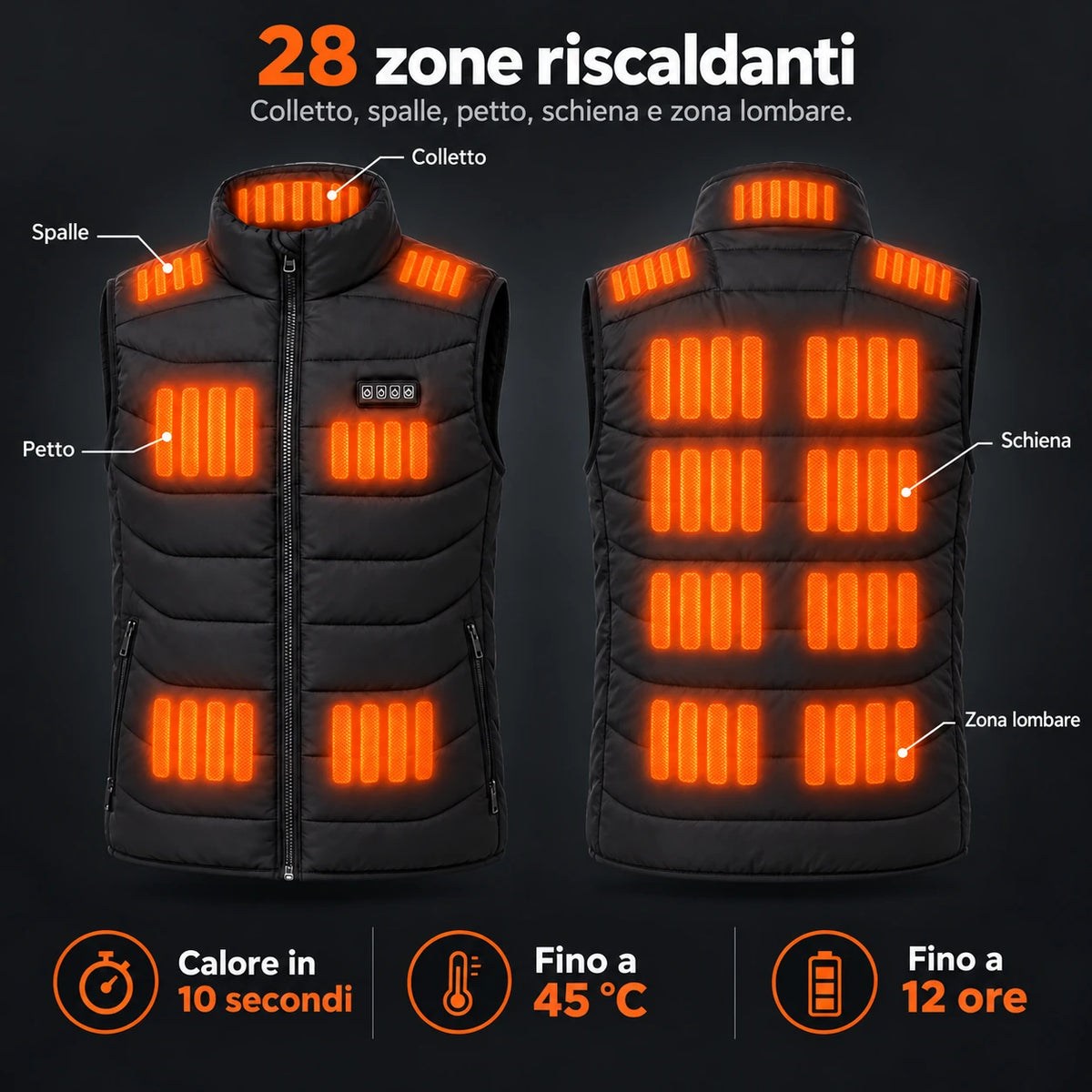 Gilet riscaldato unisex PyreFit Aurina: 28 zone riscaldanti su colletto, spalle, petto, schiena e zona lombare