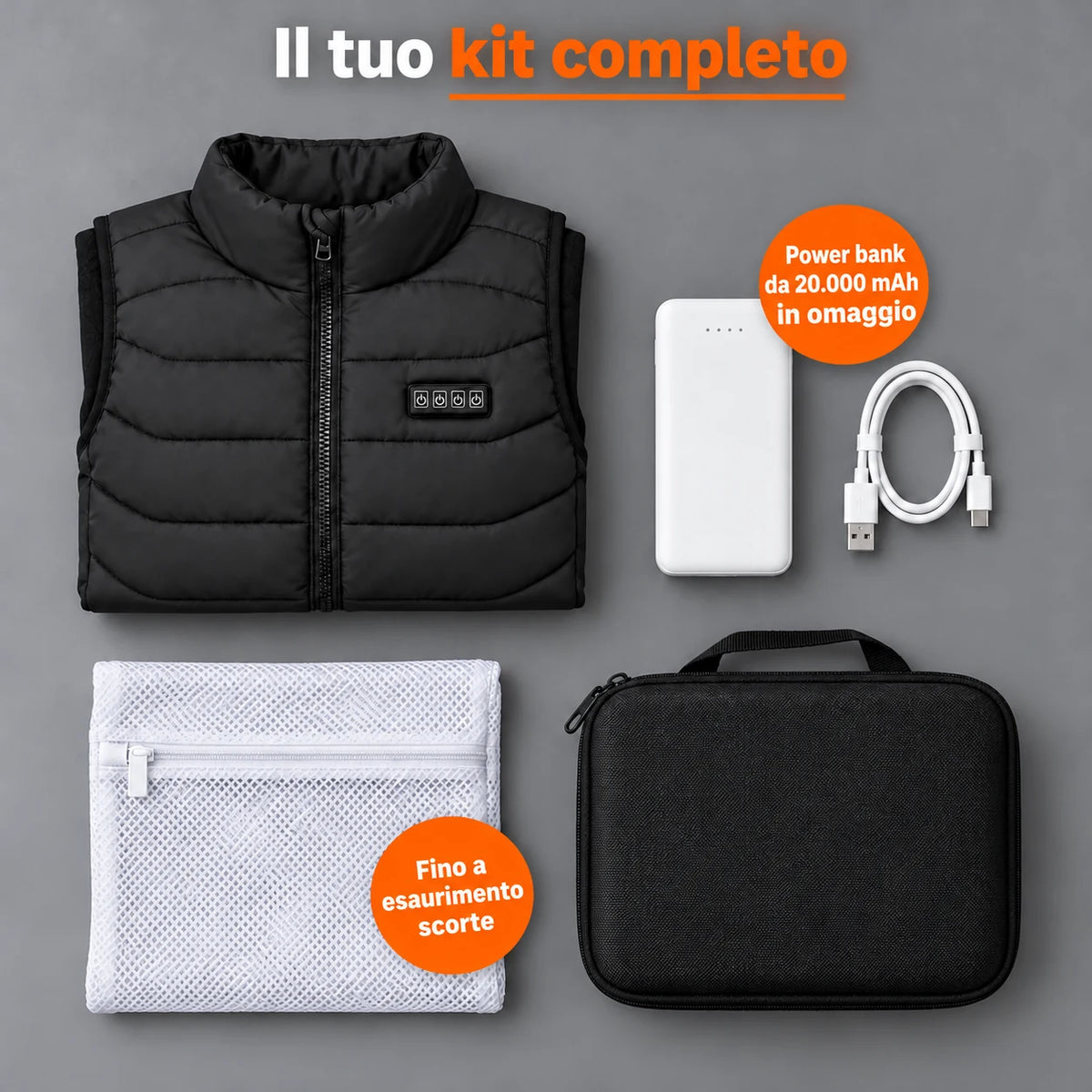 Set completo: Aurina, power bank da 20.000 mAh, cavo di ricarica, sacchetto per il bucato e borsa