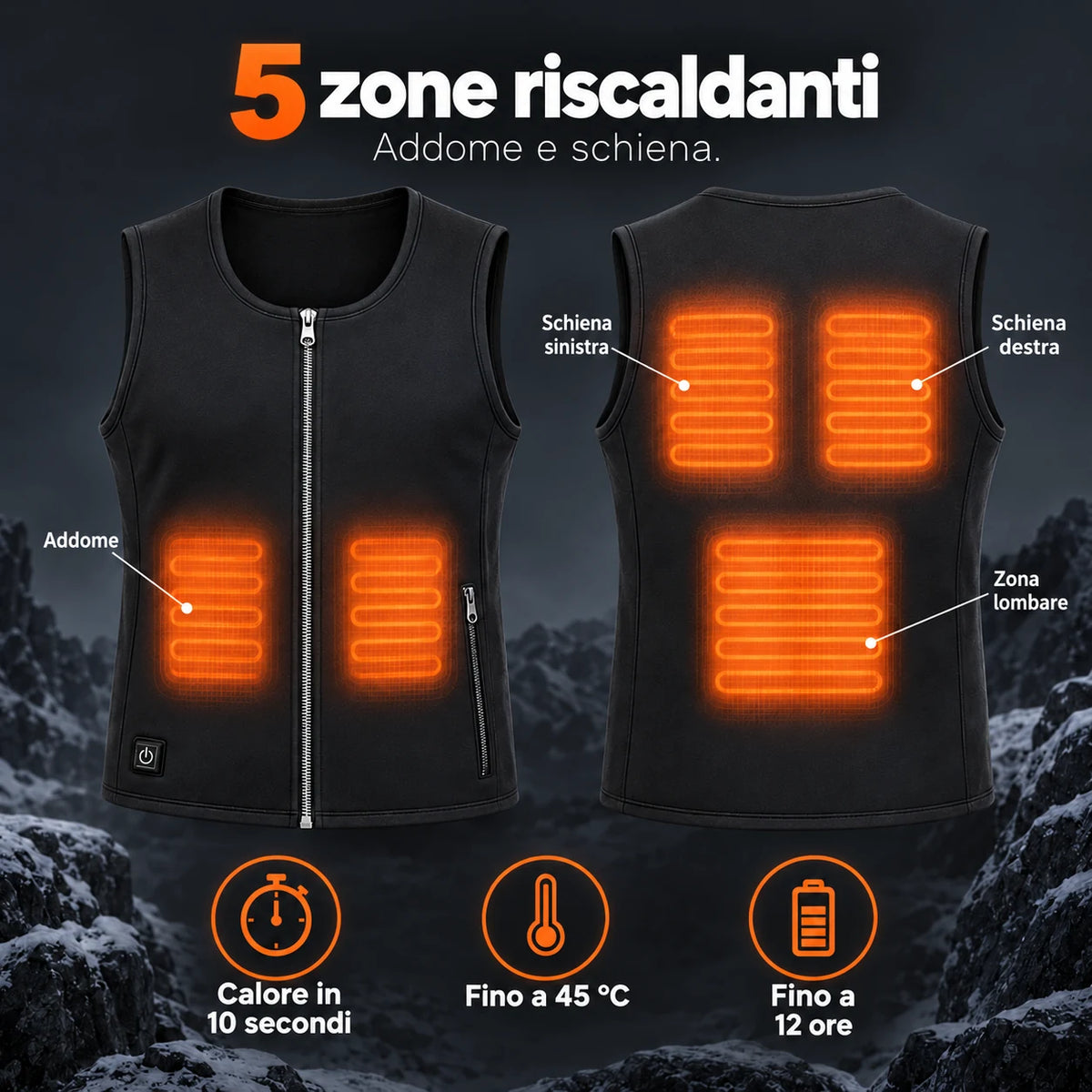 Gilet riscaldato sottile unisex PyreFit Duvaro: 5 zone riscaldanti su addome e schiena