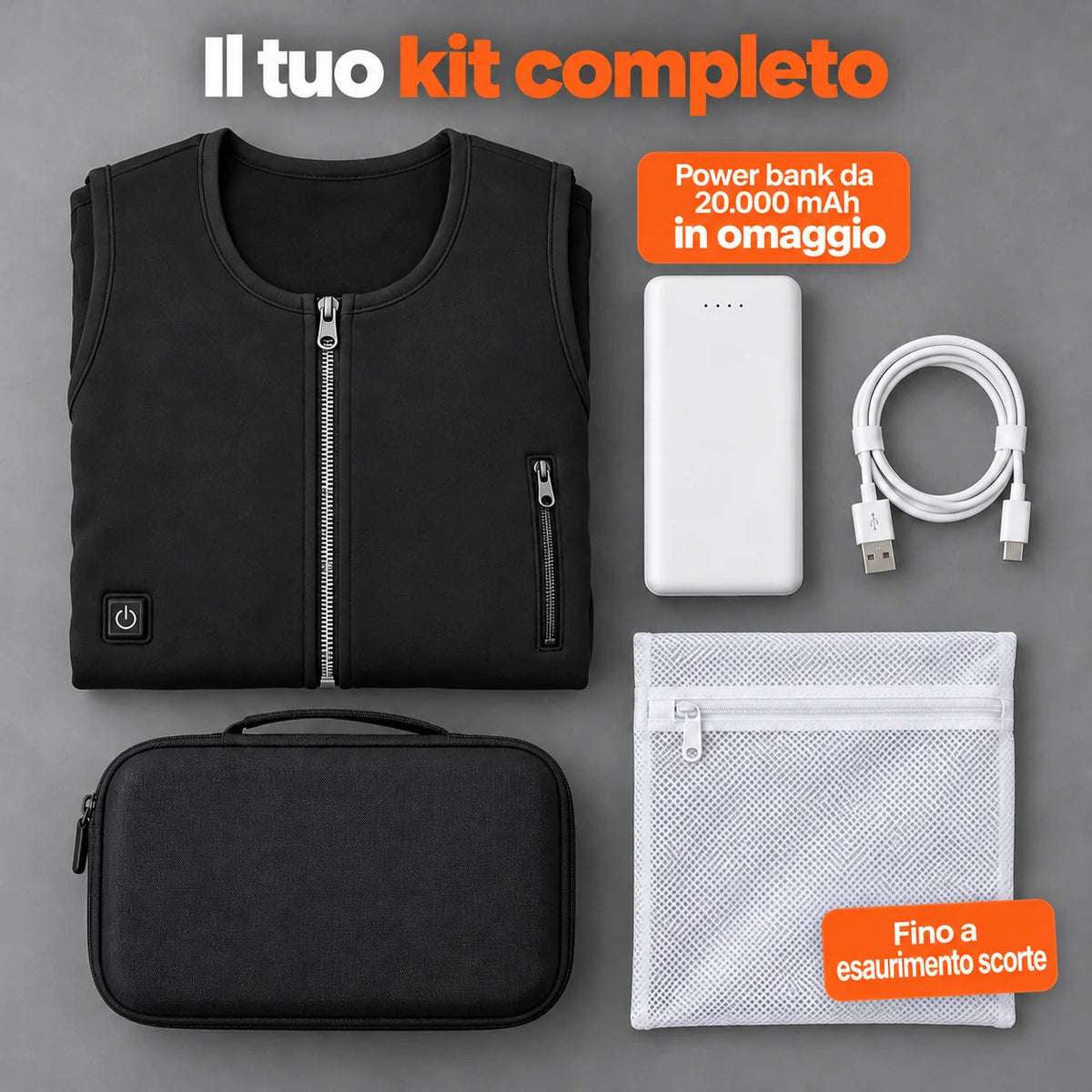 Set completo: Duvaro, power bank da 20.000 mAh, cavo di ricarica, sacchetto per il bucato e borsa
