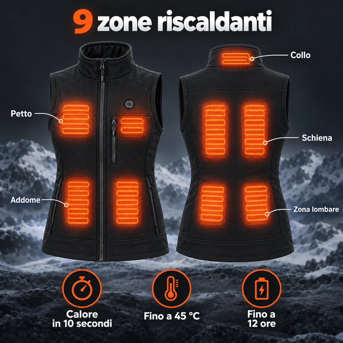 Gilet riscaldato da donna PyreFit Elaressa: 9 zone riscaldanti su nuca, petto, addome, schiena e zona lombare