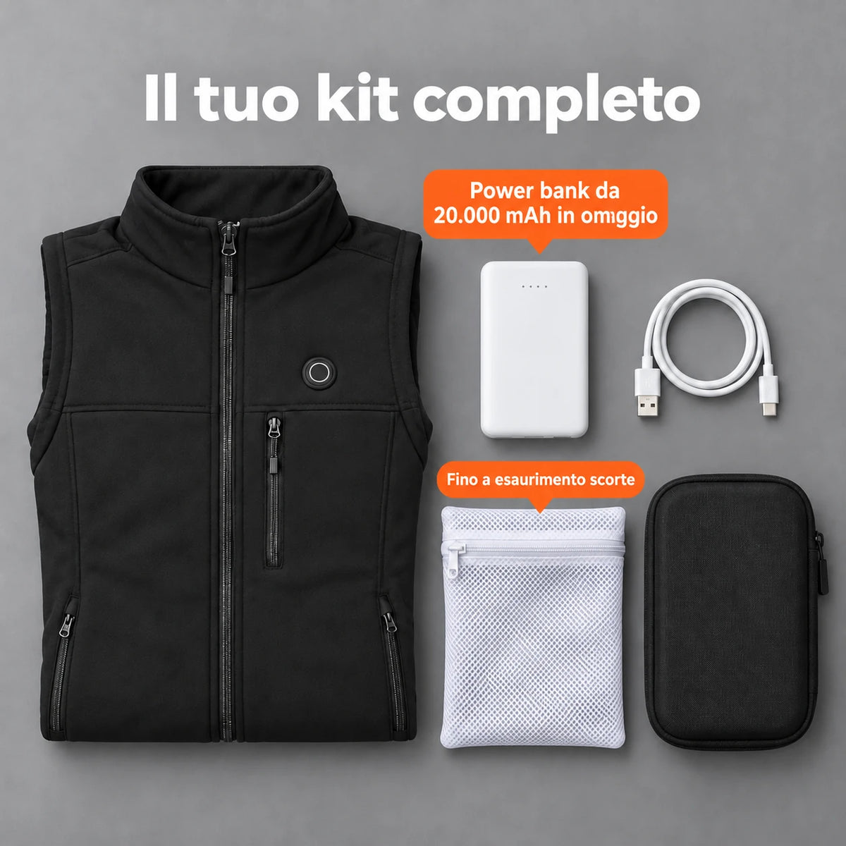 Set completo: Elaressa, power bank da 20.000 mAh, cavo di ricarica, sacchetto per il bucato e borsa