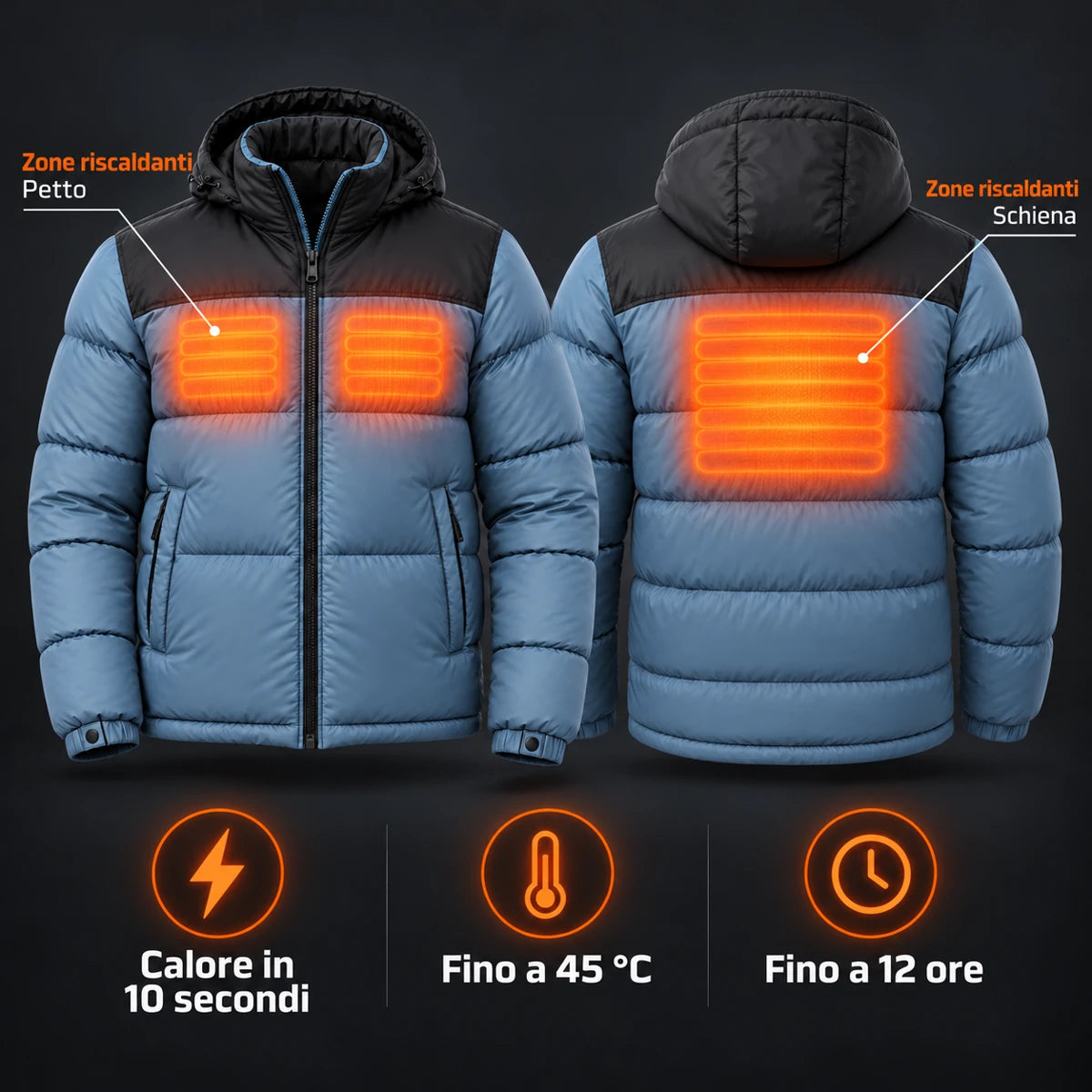 Piumino trapuntato riscaldato unisex PyreFit Gletor: zone riscaldanti su petto e schiena