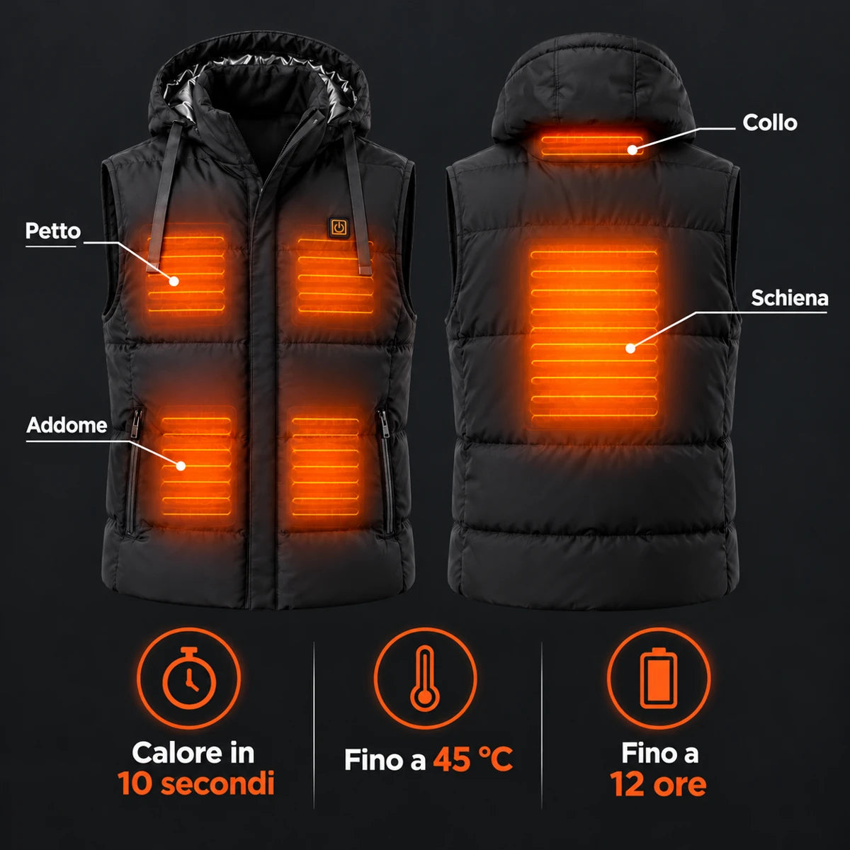 Gilet riscaldato unisex con cappuccio PyreFit Horizonor: zone riscaldanti su petto, addome, nuca e schiena