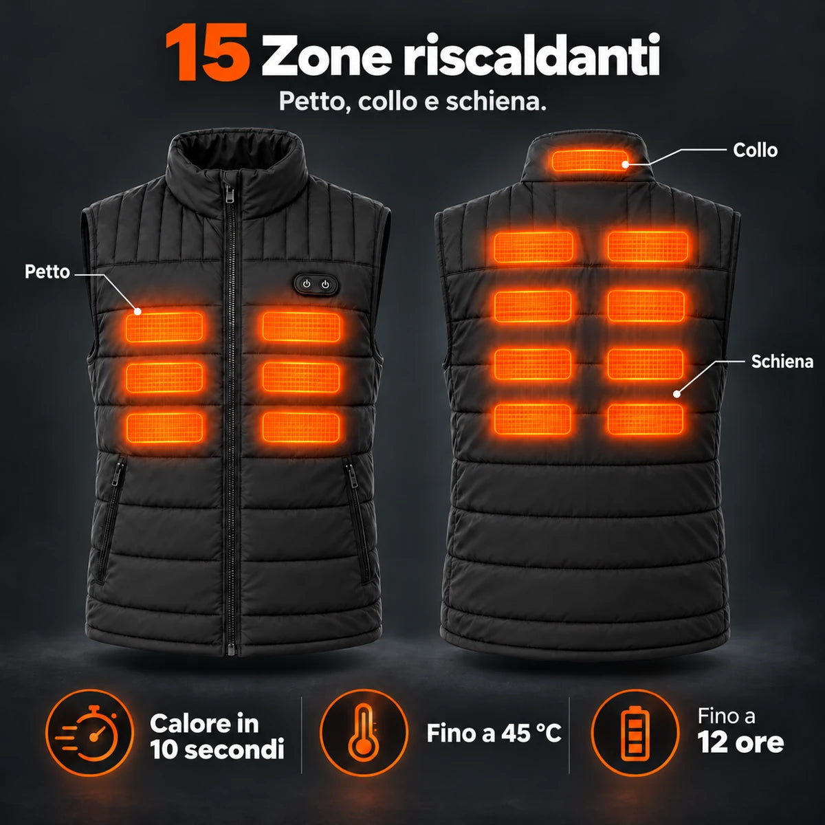 Gilet riscaldato unisex PyreFit Matrixor: 15 zone riscaldanti su petto, nuca e schiena
