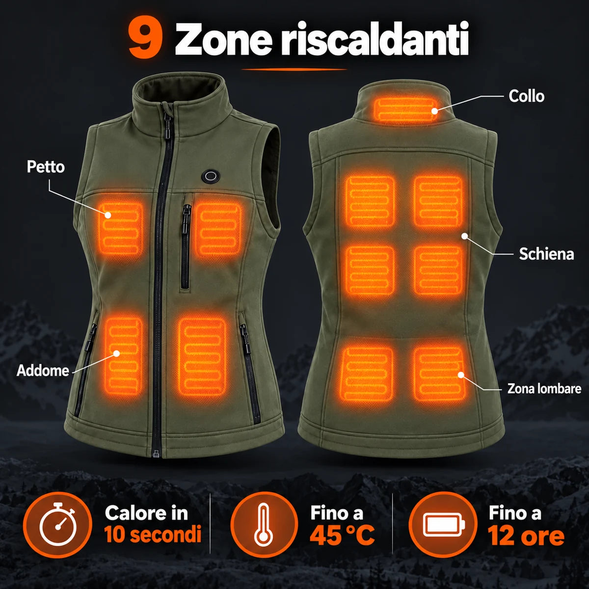 Gilet riscaldato da donna PyreFit Mellora: 9 zone riscaldanti su nuca, petto, addome, schiena e zona lombare