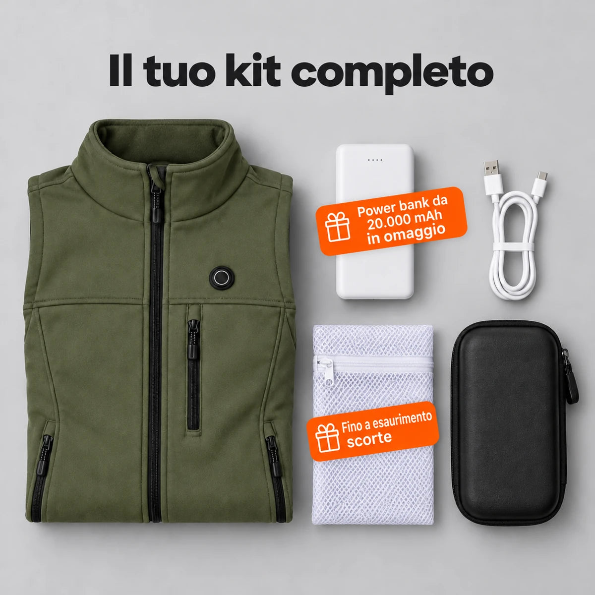 Set completo: Mellora, power bank da 20.000 mAh, cavo di ricarica, sacchetto per il bucato e borsa