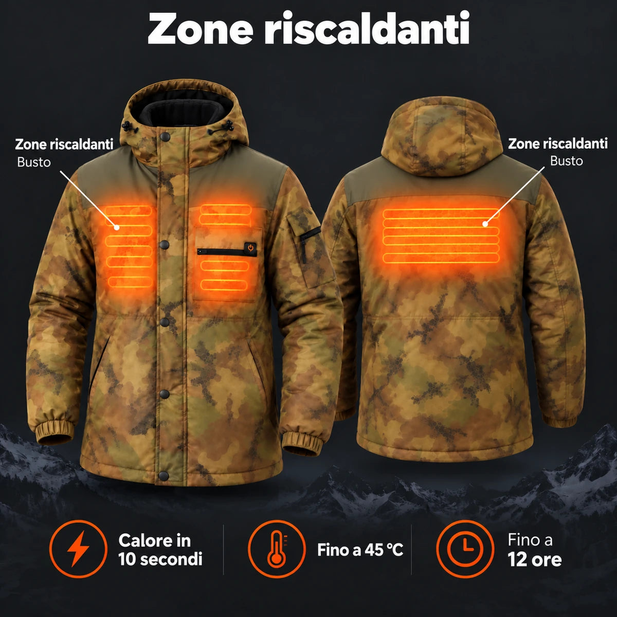 Cappotto riscaldato mimetico da uomo PyreFit Mistro: zone riscaldanti sul busto