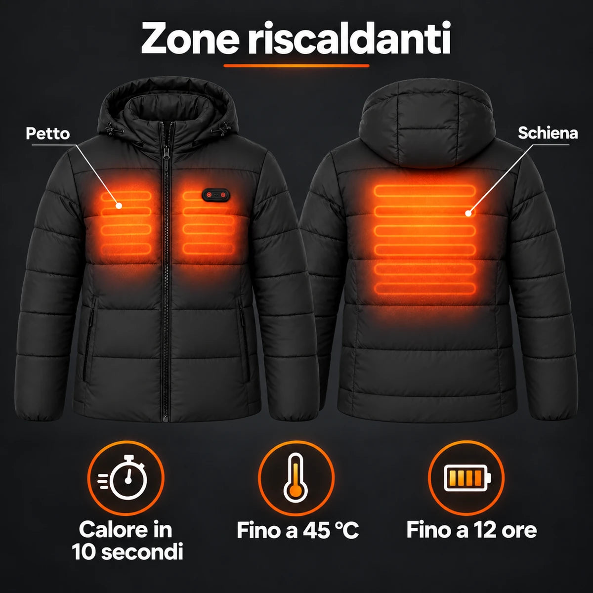 Cappotto invernale riscaldato PyreFit Nordik: zone riscaldanti su petto e schiena