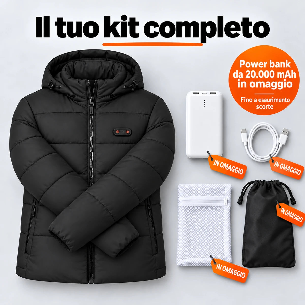 Set completo: Nordik, power bank da 20.000 mAh, cavo di ricarica, sacchetto per il bucato e borsa
