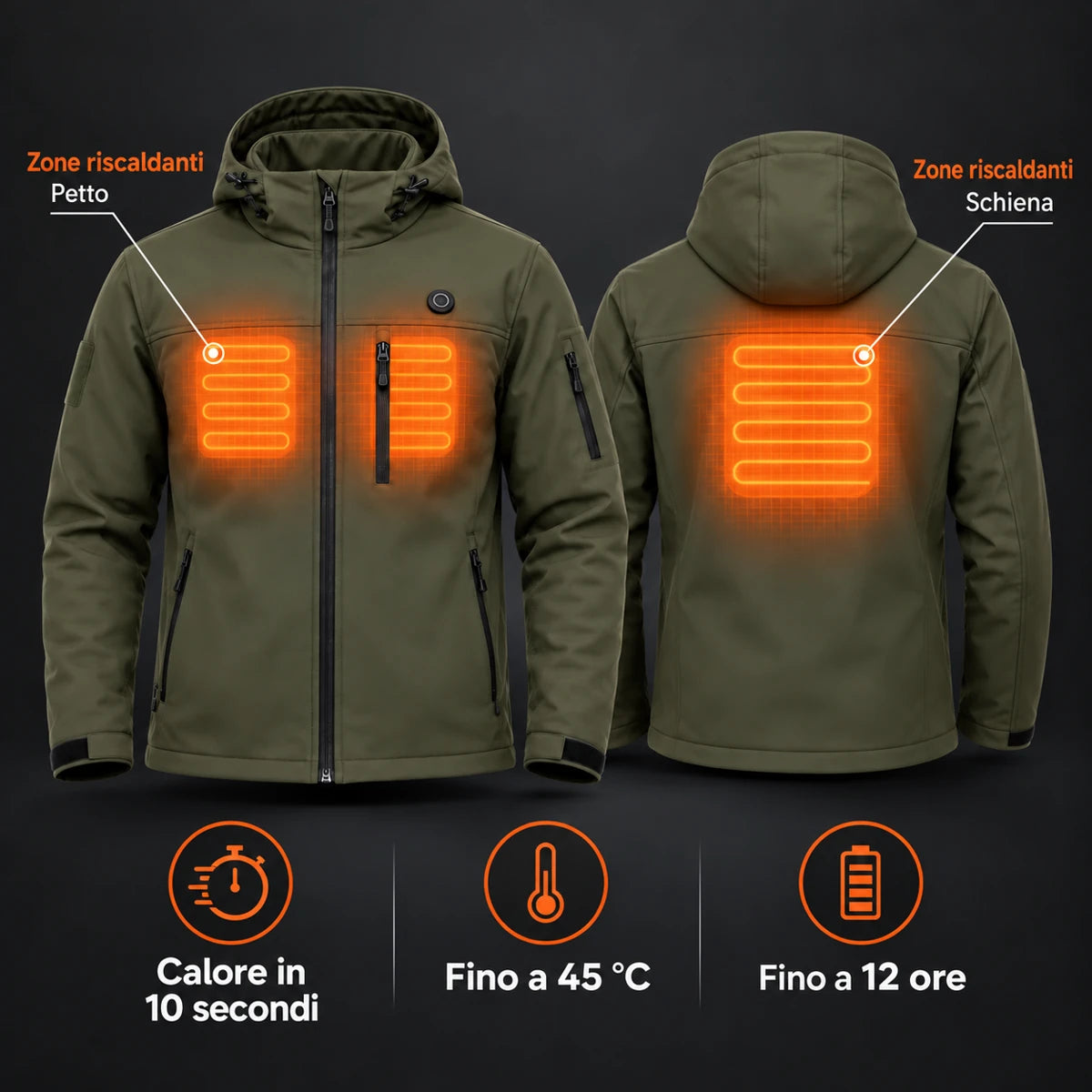 Giacca riscaldata softshell PyreFit Novera: zone riscaldanti su petto e schiena