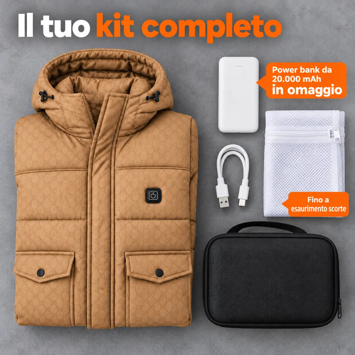 Set completo: Orielle, power bank da 20.000 mAh, cavo di ricarica, sacchetto per il bucato e borsa