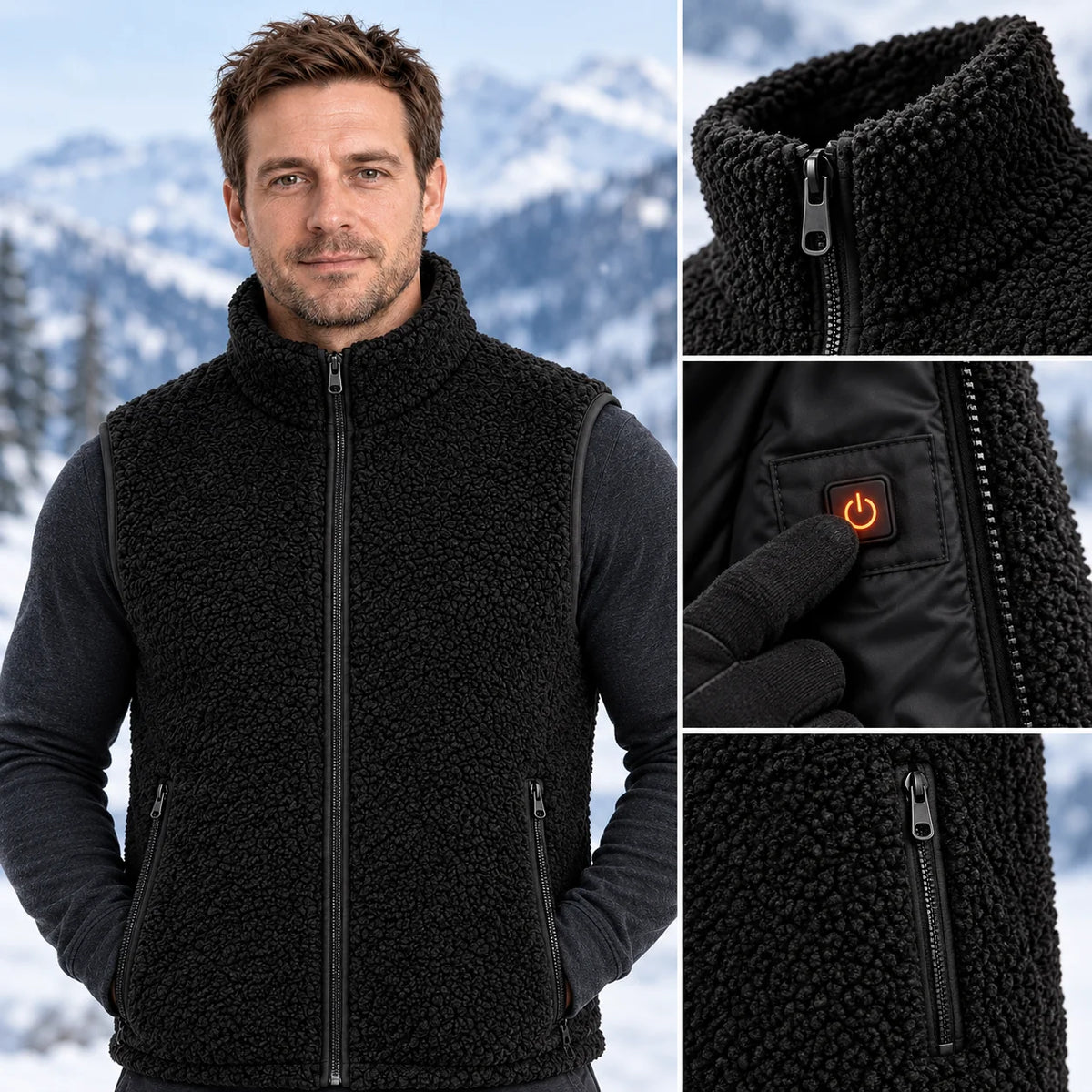 Gilet riscaldato in sherpa PyreFit Amparo, dettaglio del pulsante di controllo