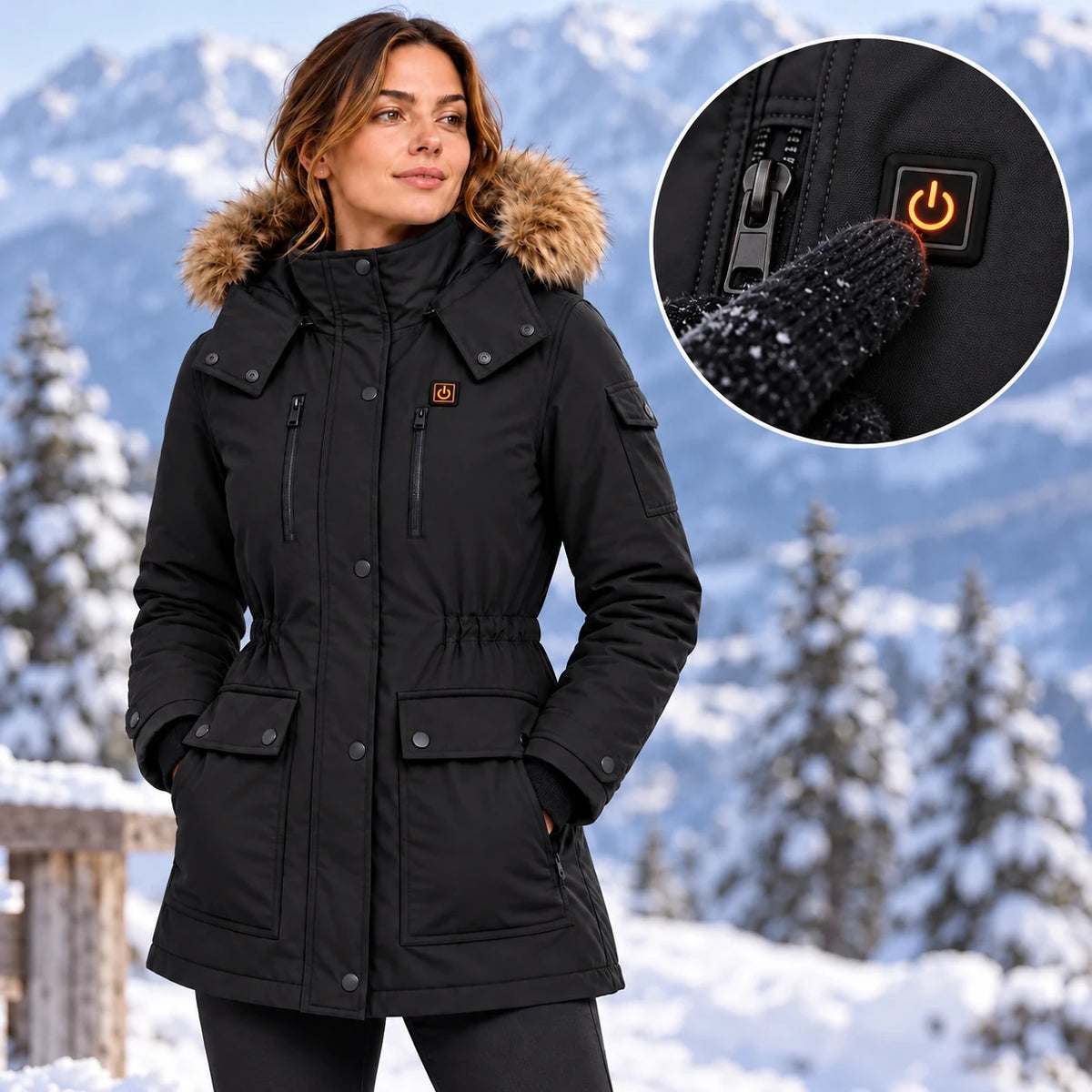 Cappotto invernale riscaldato da donna PyreFit Apexor in nero, dettaglio del pulsante di comando