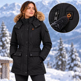 Cappotto invernale riscaldato da donna PyreFit Apexor in nero, dettaglio del pulsante di comando