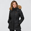 Cappotto invernale riscaldato da donna PyreFit Apexor in nero, vista frontale, indossato