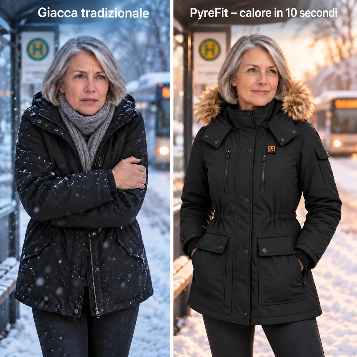 Cappotto invernale riscaldato da donna PyreFit Apexor in nero, confronto con una normale giacca invernale