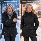 Cappotto invernale riscaldato da donna PyreFit Apexor in nero, confronto con una normale giacca invernale