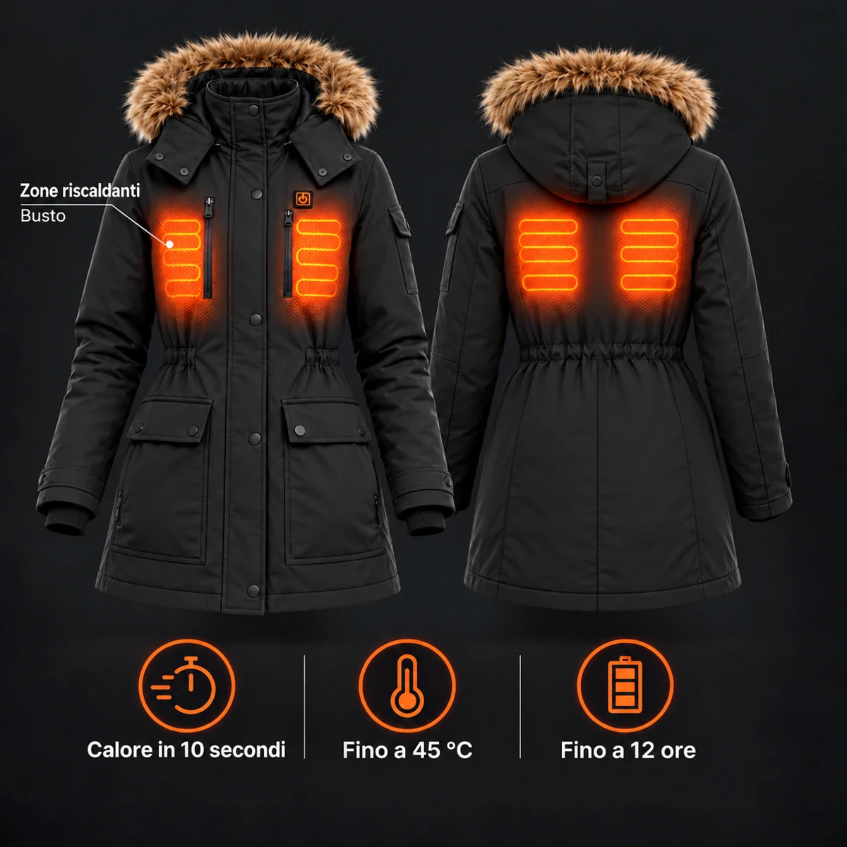 Cappotto invernale riscaldato da donna PyreFit Apexor in nero, panoramica delle zone riscaldanti