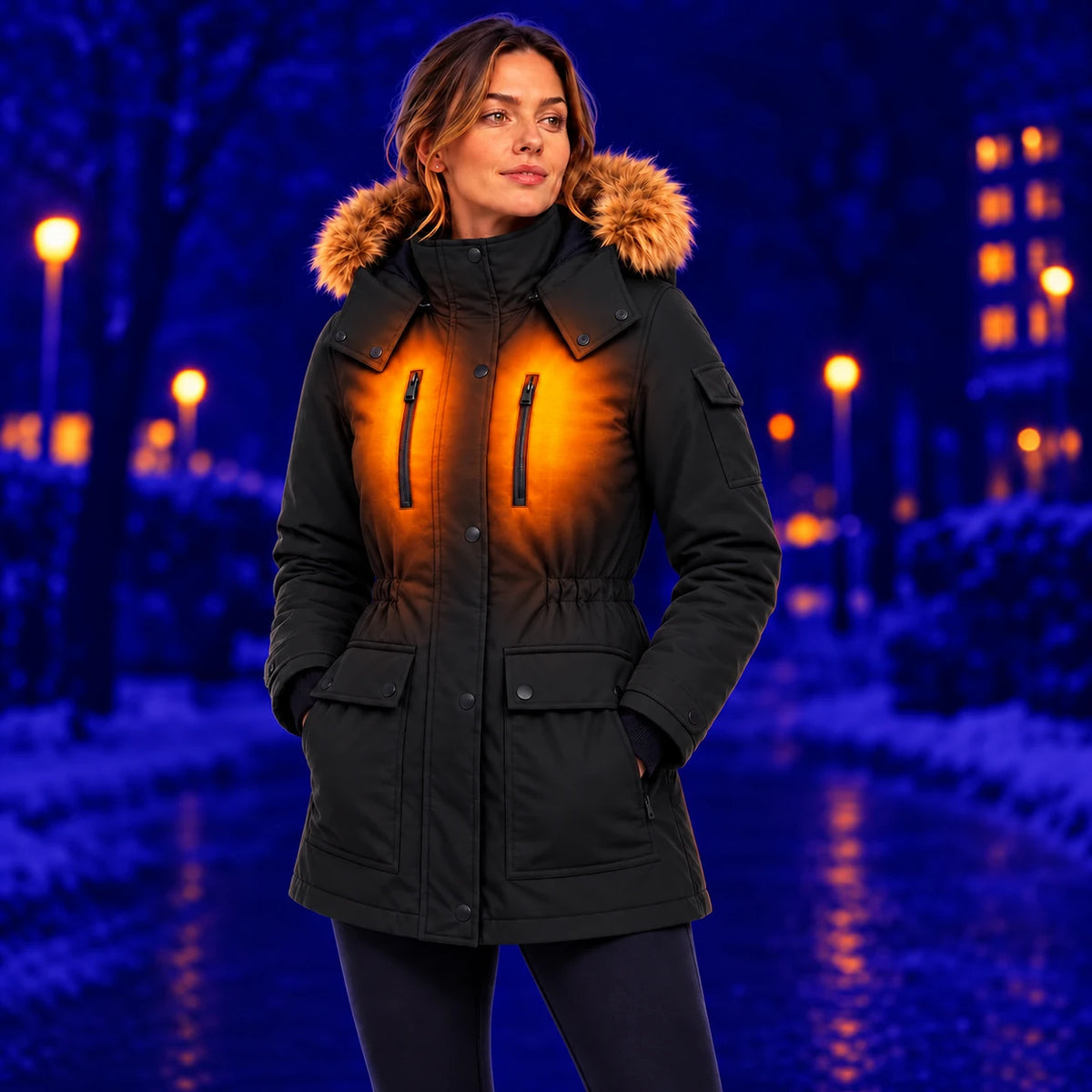 Cappotto invernale riscaldato da donna PyreFit Apexor in nero, calore sul busto in inverno